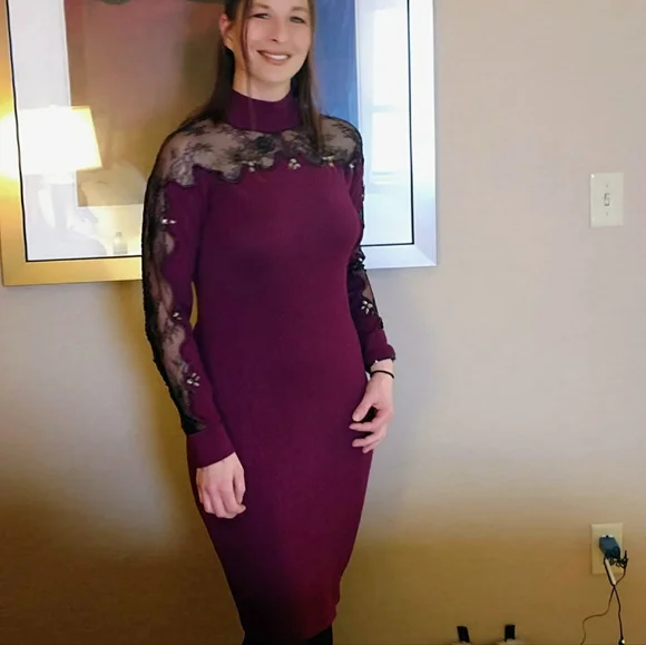 Small lace accent mock turtleneck sweater dress